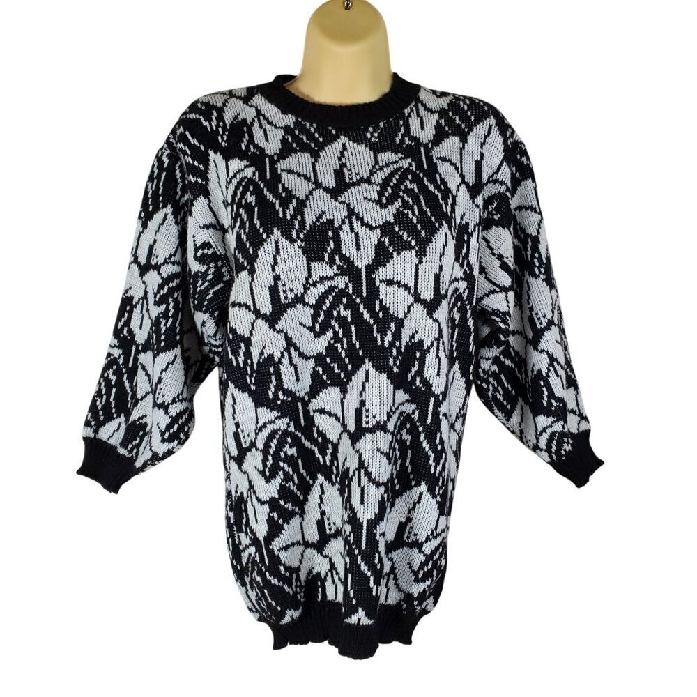 Vintage Nan Dorsey Womans XS/S 80s Black & White Floral Knit Sweater Made USA